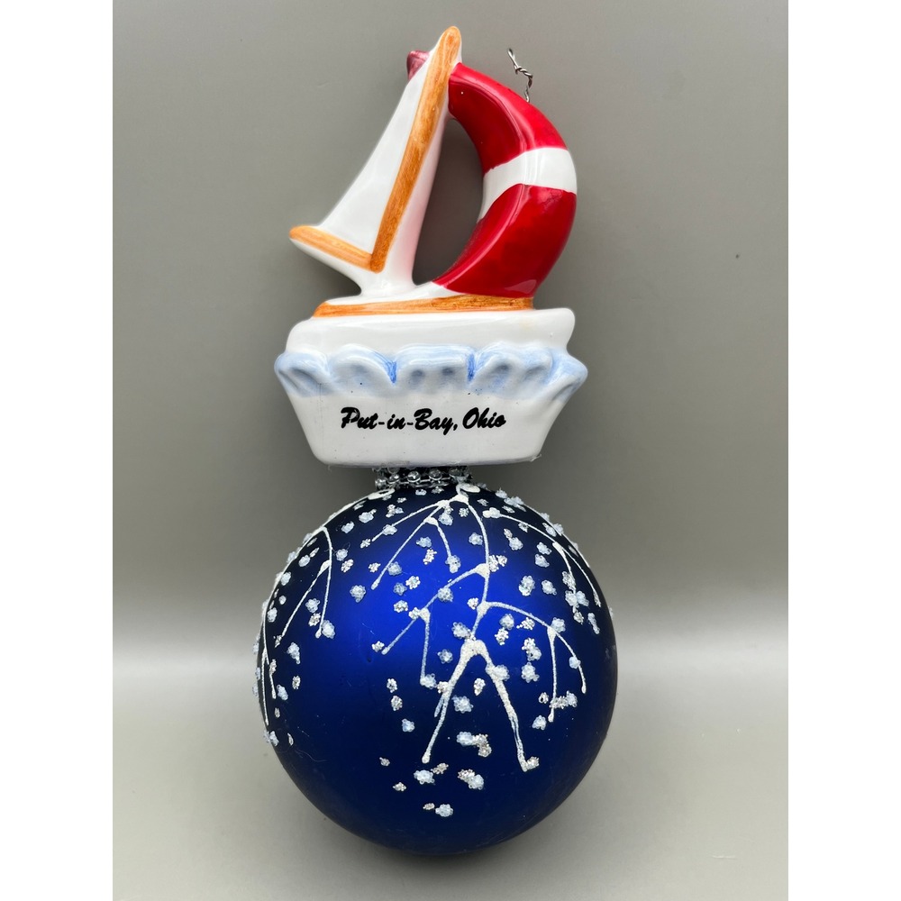 Put-in-Bay Ohio Sailboat Ceramic Glass Christmas Ornament Blue Red Nautical 7"